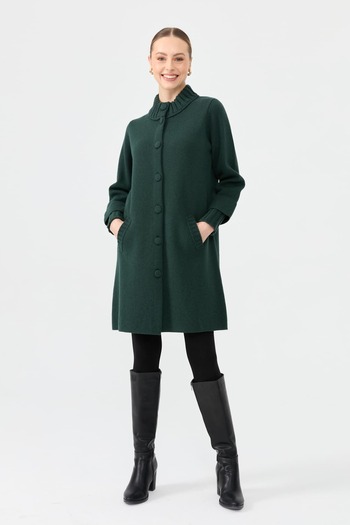 Desen Triko Green Basic Long Wool Cardigan - Women'S, Stand Collar