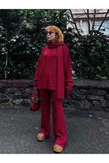 Bak'ap Premium 3-Piece Soft Knitwear Pants and Sweater Set with Scarf and Hair Braid