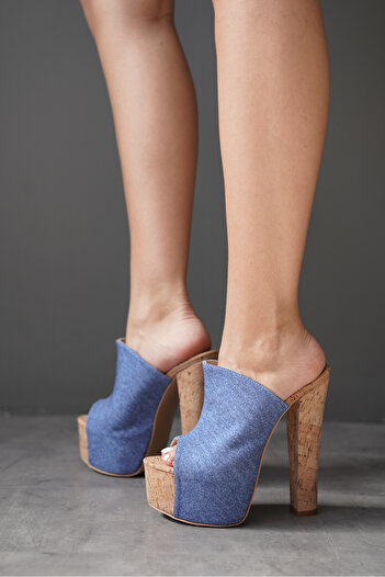 Ayakkabı Ateşi Cork Denim Patterned High Heeled Women's Slippers
