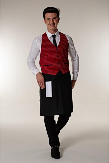 Mert Giyim Red Plaid Waiter Cafe Restaurant Sling Apron with Vest