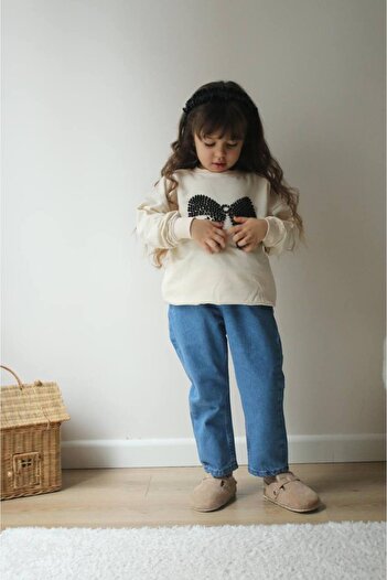 Ribbon kids Girls Beige Blouse Flower Pattern Jeans Pants Set