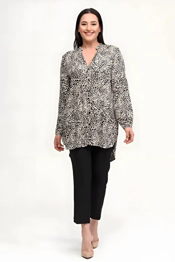 Hanezza Women's Large Size Black 42-52 Leopard Pattern Viscose Cotton Tunic Shirt