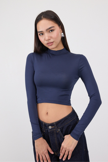 Addax Stand Collar Long Sleeve Crop Blouse B1276-U4