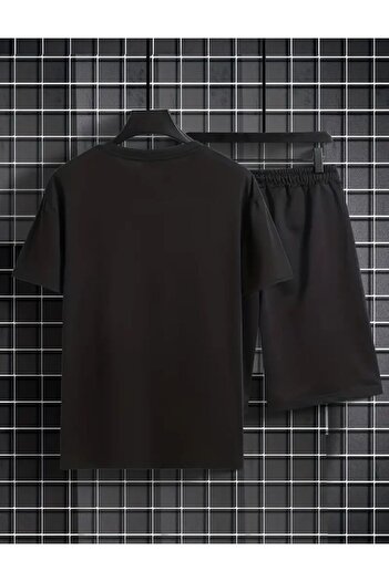 caddekombin Fearlaens Baskılı T-shirt Short Bol Paça Rahat Kalıp Siyah Alt Siyah Üst Short Takım Bisiklet Yaka