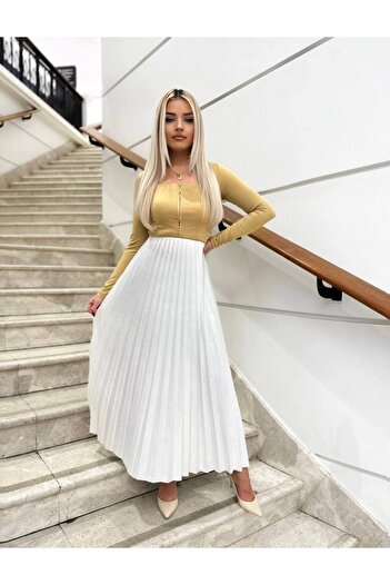 BLUSS Fusta maxi din țesătură plisată albă pentru femei - Noua definiție de eleganță
