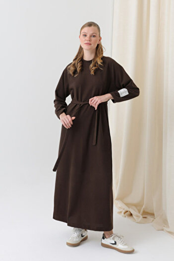 Puane Women's Crew Neck Long Length Belted Comfortable Fit Stretchy Knitwear Dress 12590