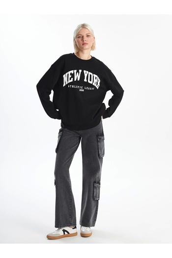 LC Waikiki XSIDE Μαύρο Crew Neck Printed Oversize Γυναικείο Χοντρό Φούτερ