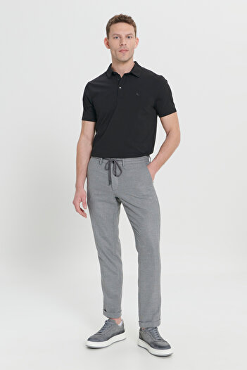 ALTINYILDIZ CLASSICS Men's Black Comfort Fit Relaxed Cut Side Pocket Patterned Elastic Waist Trousers