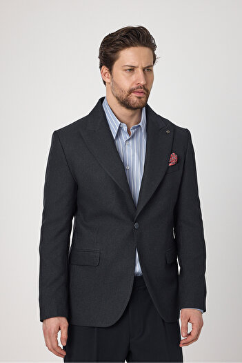 Frappoli Classo Чоловічий темно-синій піджак Slim Fit з гострим коміром і візерунком