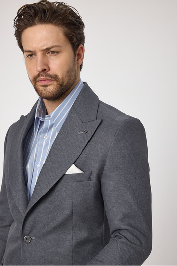 Frappoli Classo Men's Gray Slim Fit Pointed Collar Self Pattern Blazer Jacket