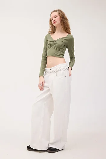 Addax V Neck Front Gathered Long Sleeve Blouse B1625-U8