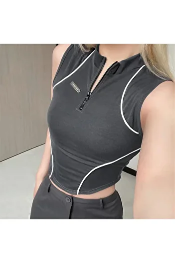 Köstebek Strappy Women's T-Shirt with Smoked Zipper and White Stripe Detail