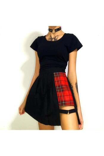 Köstebek Black Pleated Skirt with Belt and Red Plaid Detail