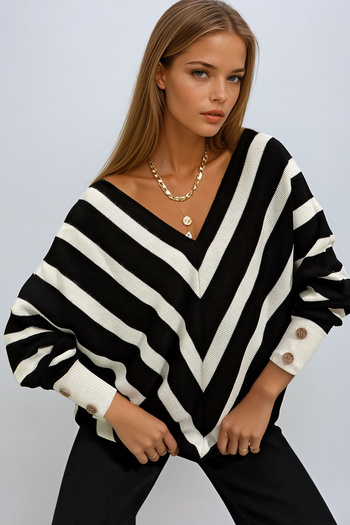 VAGGON Women's Black and White V-Neck Plaited Striped Oversize Knitwear Sweater Urt8102