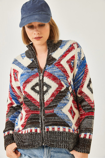 Bianco Lucci Women's Zippered Patterned Knitwear Cardigan 20246951