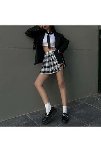 Köstebek Black and White Mini Skirt with Shorts - Plaid and Belt