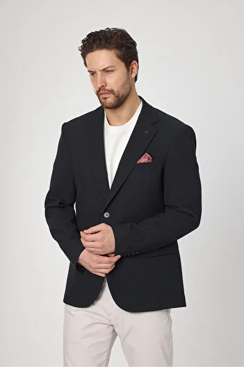 Frappoli Lores Men's Dark Navy Blue Herringbone Patterned Stretchy Lycra Fabric Summer Jacket