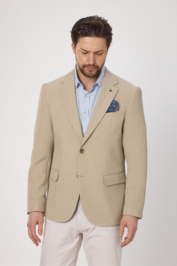 Frappoli Sandeo Men's Beige Diagonel Pattern Stretching Fabric Lycra Blazer Jacket