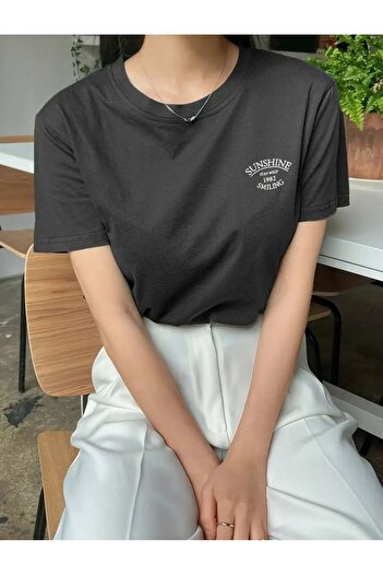 caddekombin Sunshıne Baskılı Kadın Pamuk Penye Rahat Kalıp Siyah  T-shirt