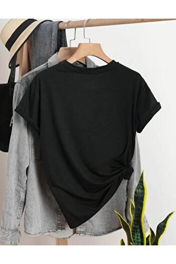 caddekombin Cherry Printed Printed Cotton Round Neck Black T-Shirt