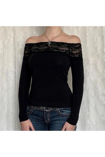 Köstebek Black Vintage Lace Off-the-Shoulder Long Sleeve Crop