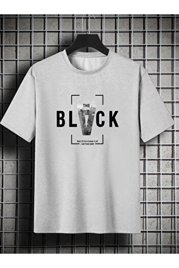 caddekombin Black Baskılı Unisex Pamuklu Yuvarlak Yakalı Gri T-shirt