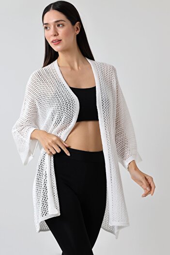 Devinka White Oversize Openwork Knitwear Women's Cardigan - Spring
