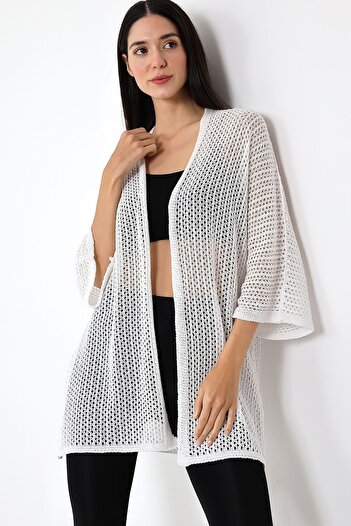 Devinka White Oversize Openwork Knitwear Women's Cardigan - Spring