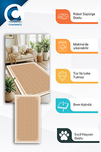 Confidence Home Makinede Yıkanabilir Kaymaz Taban Leke Tutmaz Çizgili Bej Mutfak Halısı Salon Halısı Ve Yolluk
