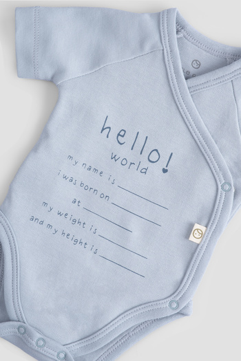 Little Gusto Organic Cotton Hello World Short Sleeve Blue Double Breasted Bodysuit