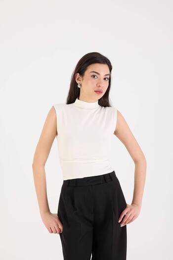Addax Side Gathered High Collar Blouse P1396-dk1dk8asn75