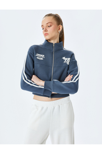 Koton Ribbed College Printed Sweatshirt with Zippered Pockets
