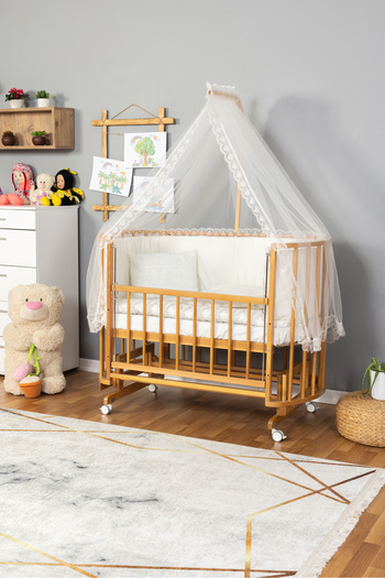 Bamgidoo Ahşap Beşik Anne Yanı Beşik Doğal (VERNİKLİ) 60x120 Krem Güpür Uyku Seti Yatak Tekerlekli