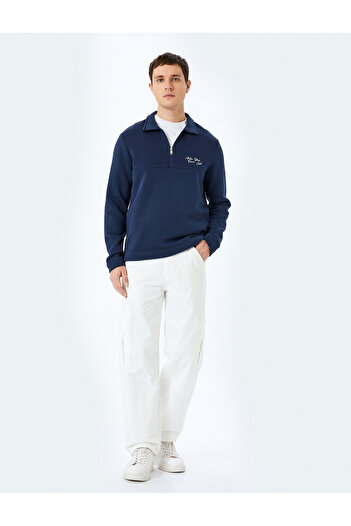 Koton Slogan Embroidered Cotton Blend Half-Zip Sweatshirt with Raised Stitch Detail