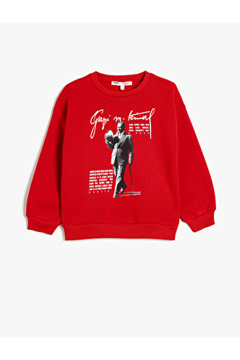 Koton Ataturk Printed Long Sleeve Raised Sweatshirt - Crew Neck