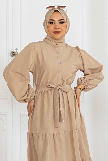 benguen Beige Embossed Print Button Dress 2120
