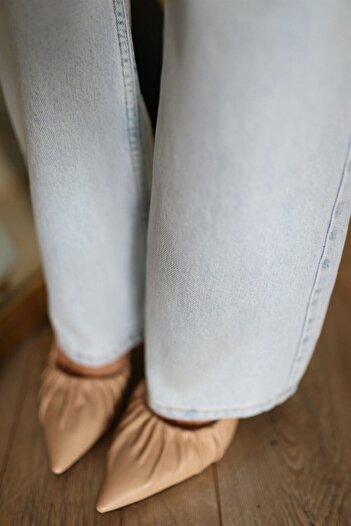MAKRAS EXCLUSIVE A172778 Buz Mavisi Boru Paça Jean Yüksek Bel Mom Jeans Dar Kot Pantolon