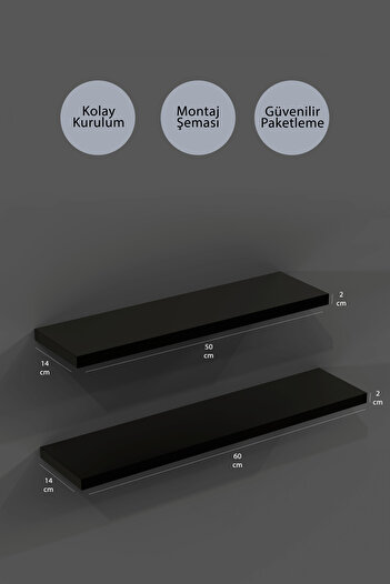 yankı-byeg 50 Cm 60 Cm 2li Mat Siyah Mdf Uçan Duvar Rafı Gizli Bağlantı Kitaplık