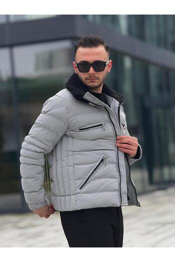 KINGAF Shiny Leather Men's Coat - Sheepskin Collar