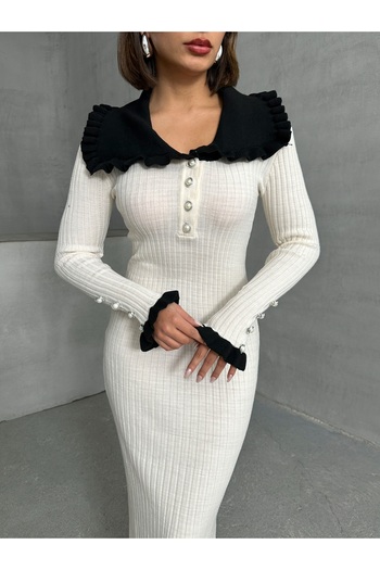 Lusin Rochie de damă, ecru, elegantă, cu decolteu, lungime midi, tricotaje