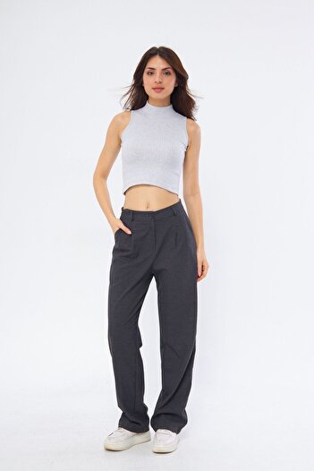 Oyga Women's Gray Half Turtleneck Sleeveless Corded Undershirt Blouse