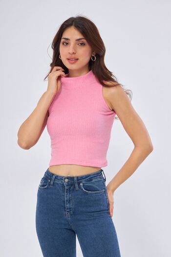 Oyga Powder Colored Women's Athlete Blouse - Half Turtleneck, Sleeveless Ribbed