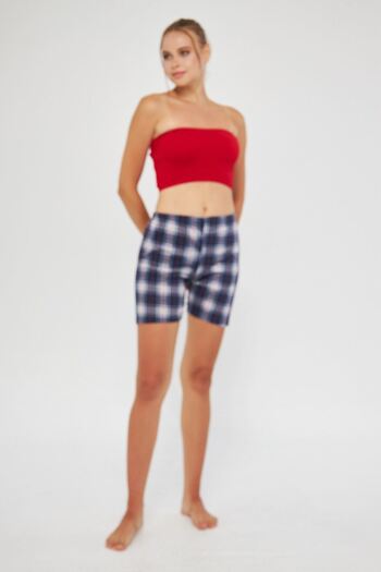 Oyga Navy Blue Plaid Patterned Women's Seasonal Pajamas - Casual Wear with Elastic Waist