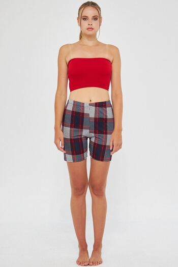 Oyga Women's Burgundy Plaid Patterned Seasonal Waist Elastic Pajama Shorts
