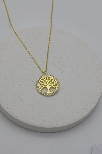 Inure Jewelry 925 Ayar Gümüş Hayat Ağacı Zirkon Taşlı Altın Kaplama Kuyumcu Model (KOLYE&KÜPE) 2'li Set
