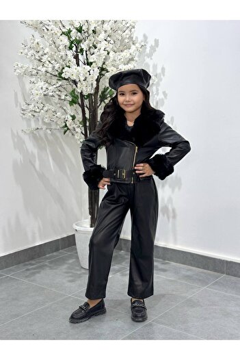 By Feyza Kids Collection Girl's 4 Piece Leather Salopeet Jumpsuit Set