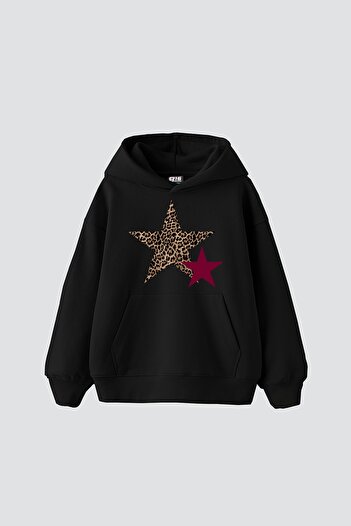 Sekizbiraltı Y2k Leopard Starz Printed Oversize Unisex Μαύρο κουκούλα