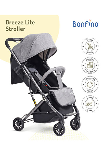 Bonfino Breeze Lite Grey Stroller for 0+ Months, Compact, Linen Fabric, 5-Point Harness
