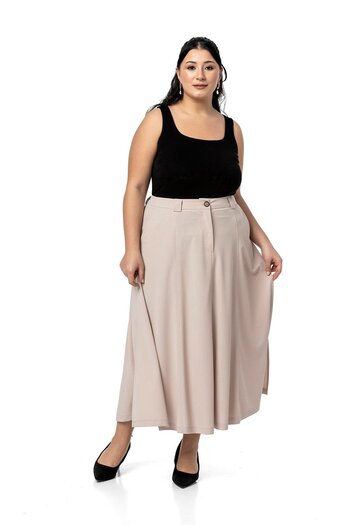 DISENTIS MODEST Plus Size Side Slit Elastic Waist Back Midi Beige Skirt