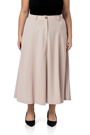 DISENTIS MODEST Plus Size Side Slit Elastic Waist Back Midi Beige Skirt